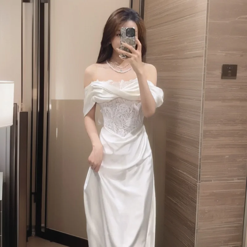 

Off-Shoulder Satin Light Wedding Dress Bride High-End Niche French Simple Forest Style Lace Outdoor Dress Mermaid Gown