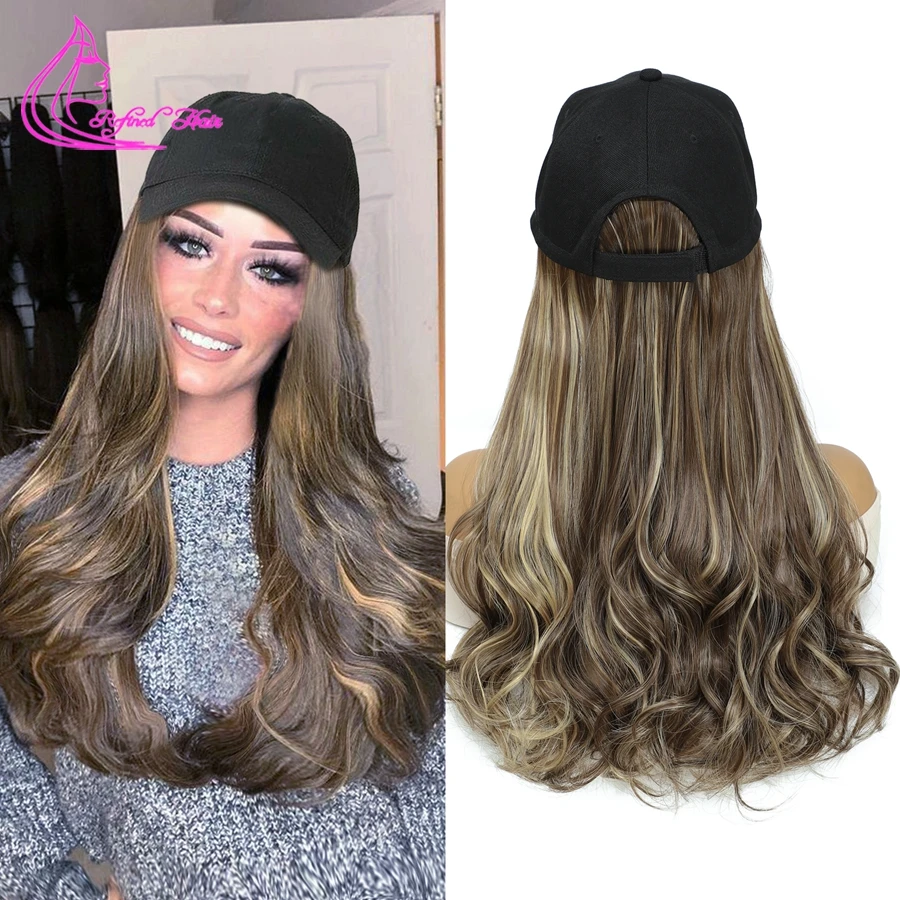 Synthetic Wave Wig 18inch Long Baseball Cap Wig with Curly End Hair Extension for Women Adjustable Brown Black Baseball Hat Wig