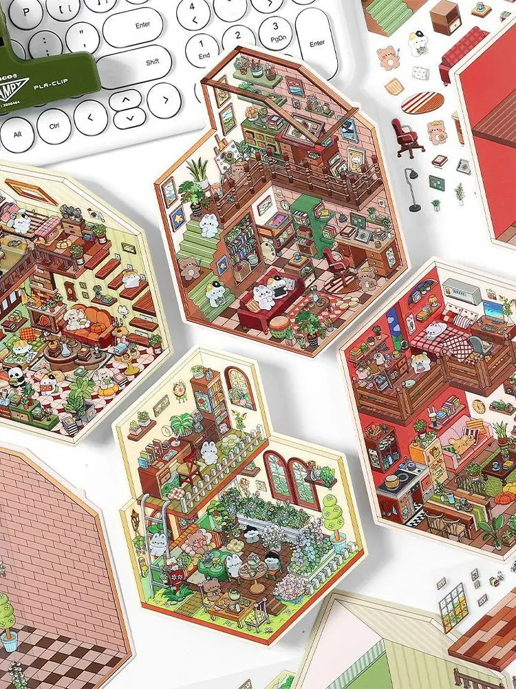 Série Minha Pequena Casa: Adesivos de Cenário em Duas Camadas, Miniatura 3D, Cenário Pré-Cortado, Materiais Decorativos para Scrapbooking e Livro Sensorial
