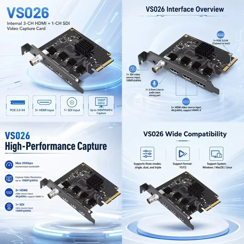 AP01 for PCIe X4 Capture Card 3 1 SDI 1080P60 with 3.5mm Line-in Audio YUY2 Multi Mode Internal Laptop Camera MP4