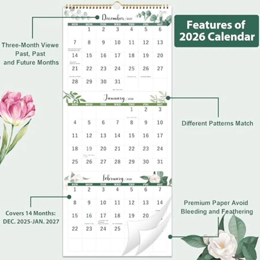 2026 Calendar 3 Month Display Wall Calendar 2026 Jan. 2026 Dec. 2026 11.3" x 26" 3 Month Calendar with Thick Paper Vertical Cal