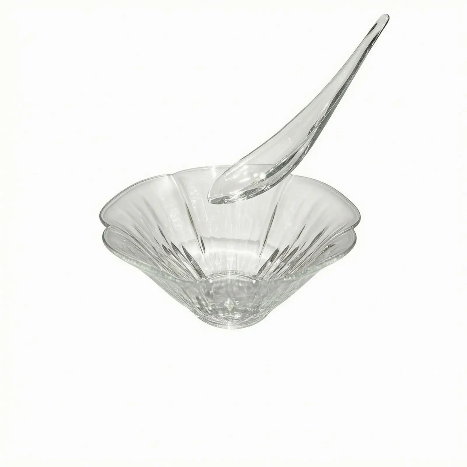 Clear Glass Sashimi Bowl with Delicate Fluted Edge and Vertical Ribbing for Seafood Fruit Dessert Buffet with Spoon