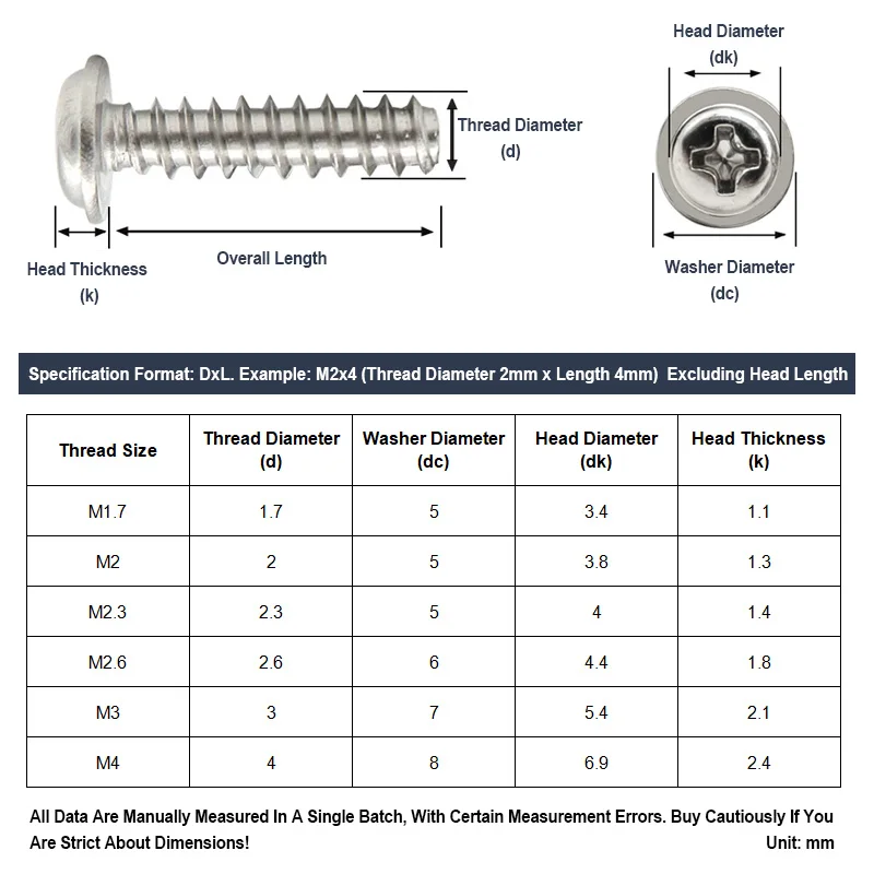 304 Stainless Steel PWB Flat Tail Self-tapping Screws Round Head Integrated Washer M1.7-M4 3-20mm Precision Electronic Fastener