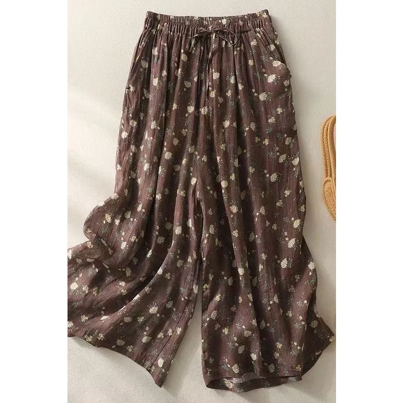 Summer New Floral High-waisted Wide-leg Culottes for Women Fashion Printed Thin Casual Versatile Culottes