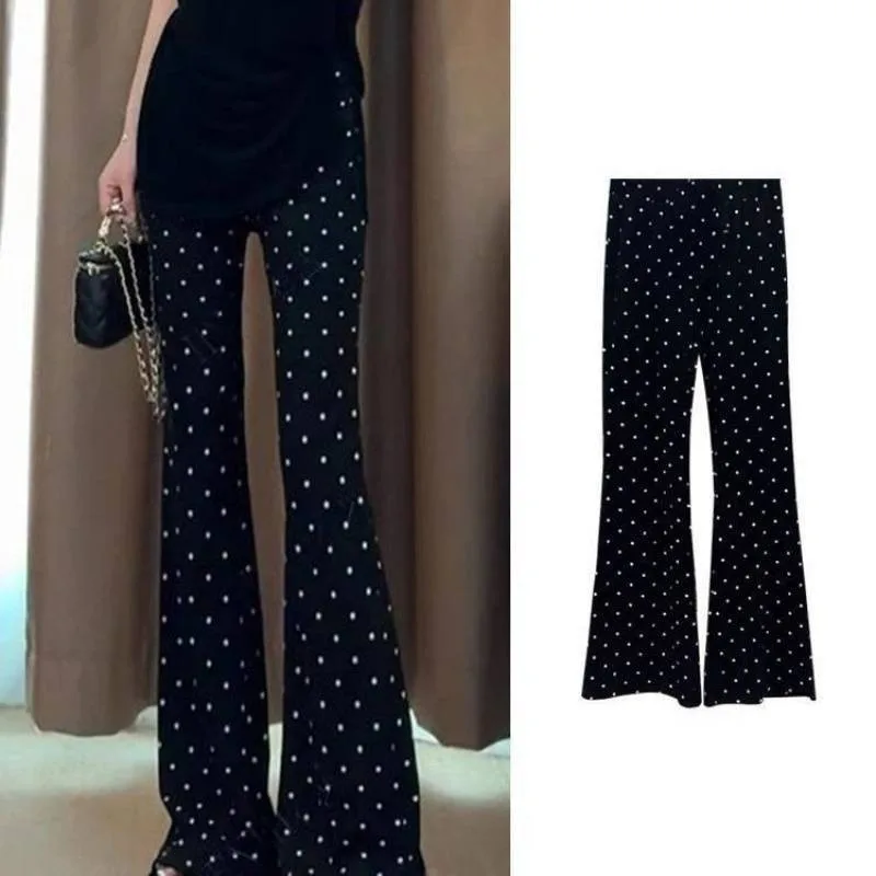 Bla 水玉プリント ハイウエスト 薄手 カジュアルパンツ レディース 春夏 着痩せ マイクロフレア 小さいサイズ ロングパンツ