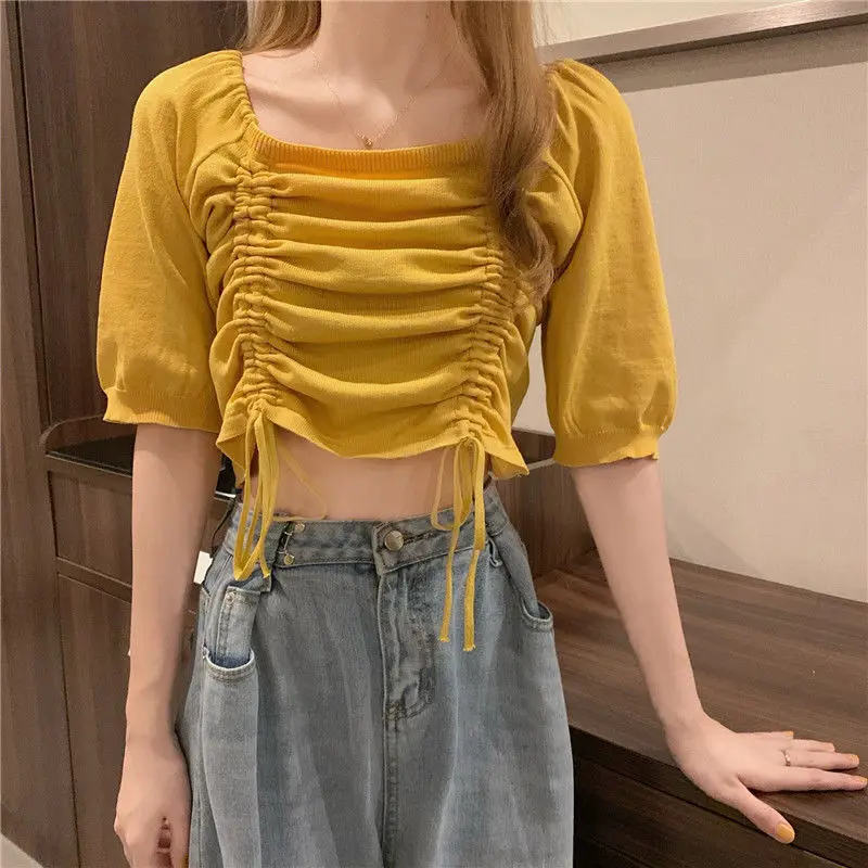 Summer New Drawstring Pleated Short Tops Short Sleeve Solid Color Loose All-match Sexy T Shirts Sweet Fashion Women Clothing