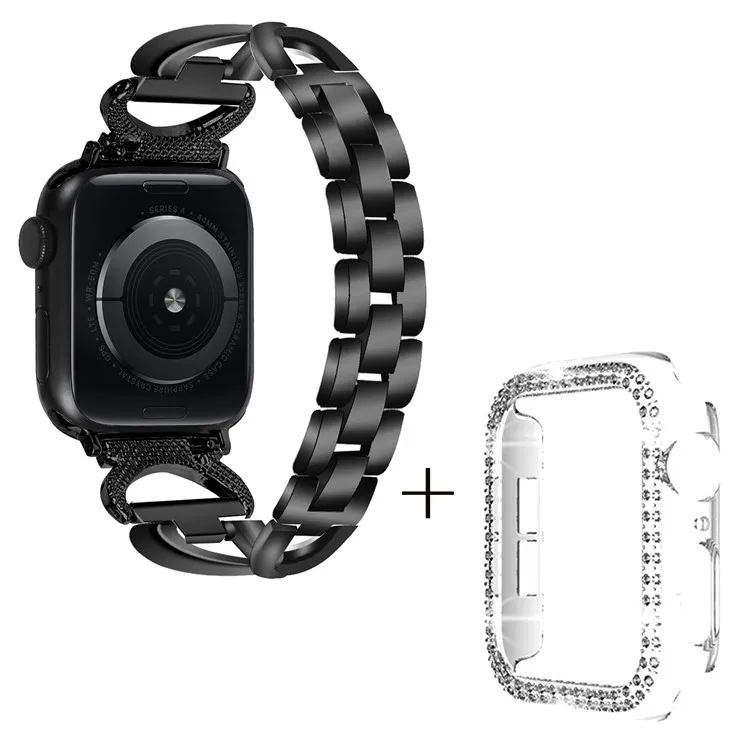 

For Apple Watch Series 7 / 8 41mm Alloy Strap Rhinestones Decor X-shape Wrist Band + Clear PC Watch Frame - Black