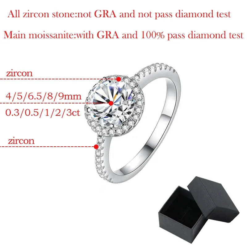 Smyoue 0.3-3CT D Color 100% Real Moissanite Rings for Women Round Sparkling Simulated Diamond Band S925 Sterling Silver Jewelry