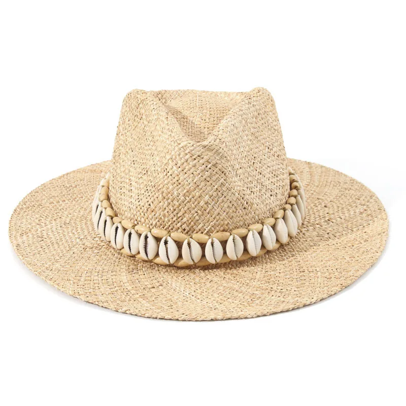 European High End Panama Beach Straw Hat with Shell, Vintage Sun Protection Treasure Grass Fedora