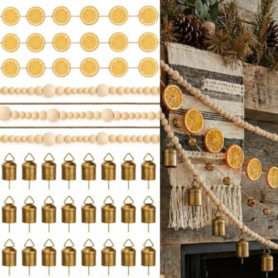 Vintage Farmhouse Decorations - 13 Ft Dried Orange Slice Garland and 20 Ft Wooden Beads Garland and 24 Pcs Xmas Metal Bells wit