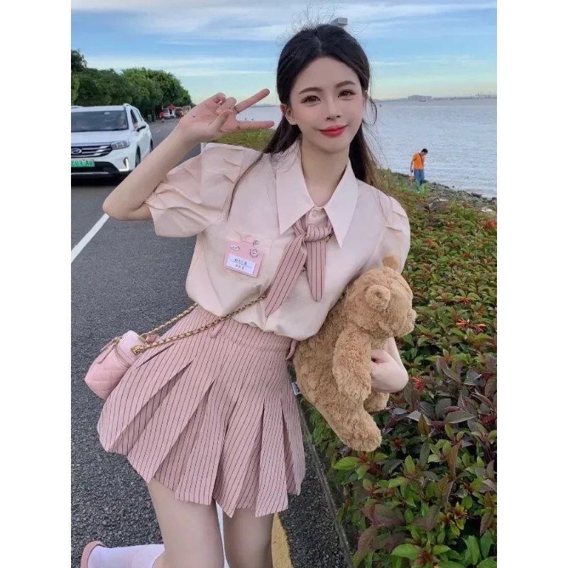 Sommer mode rosa jk Uniform Puff ärmel Hemd Falten rock Krawatte für Frauen süße koreanische Schulmädchen Uniform Matrosen uniform