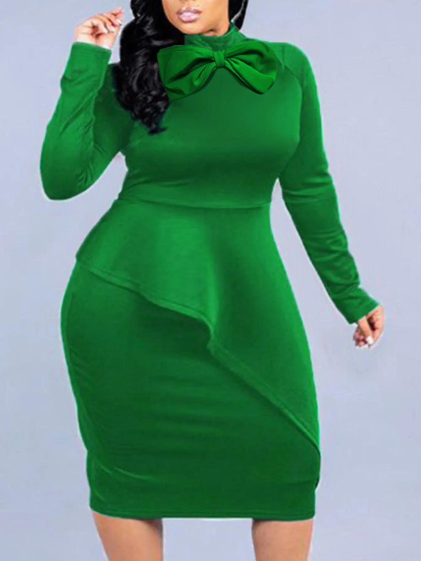 LW Plus Size Tie Neck Bodycon Dress Elegant Bow Zipper Design Long Sleeve Solid Color Knee Length Spring Bodycon Women Dresses