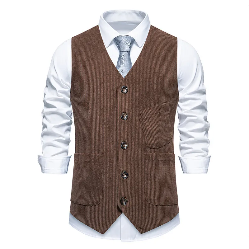 KIDWHXR Man Corduroy Vest Simple Solid V-neck Pocket Male Waistcoat Vintage Slim Single-breasted Business Casual Men Coat Vest