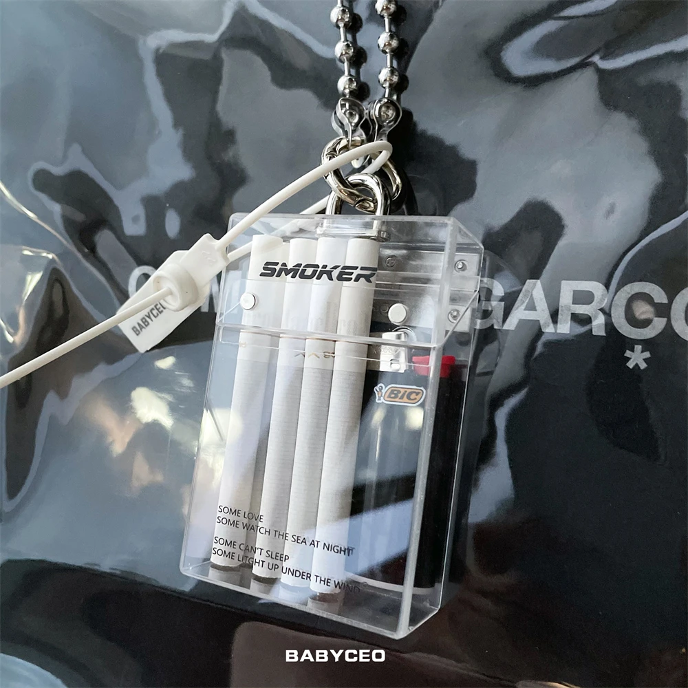 

Acrylic Cigarette Case with Neck Hanging Chain Portable 20 Sticks Holder Lipstick & Headphone Transparent Storage Box