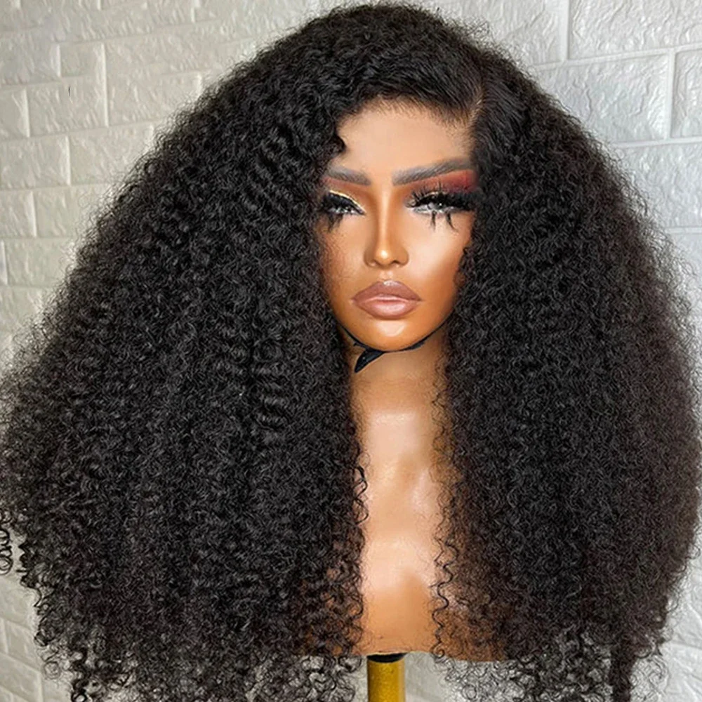 Perruque Lace Front Wig sans colle bouclée crépue noire naturelle pour femme noire, cheveux de bébé doux, densité 180, préplumée, degré de chaleur, 26 po, 03/3