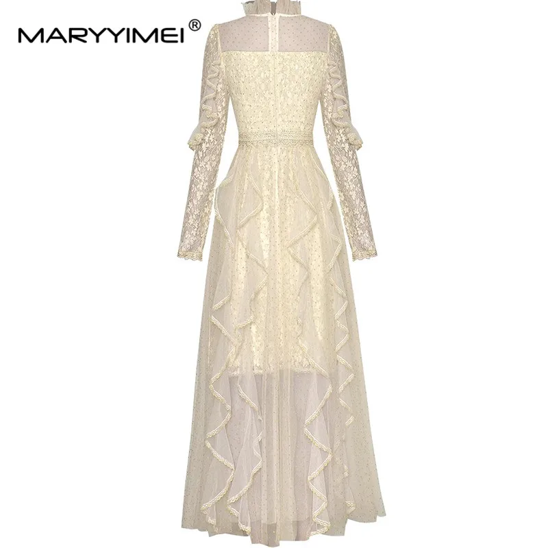 MARYYIMEI Spring Summer Women's Dress Stand Collar Long-Sleeved High waisted Mesh Splicing Flounced Edge Dresses