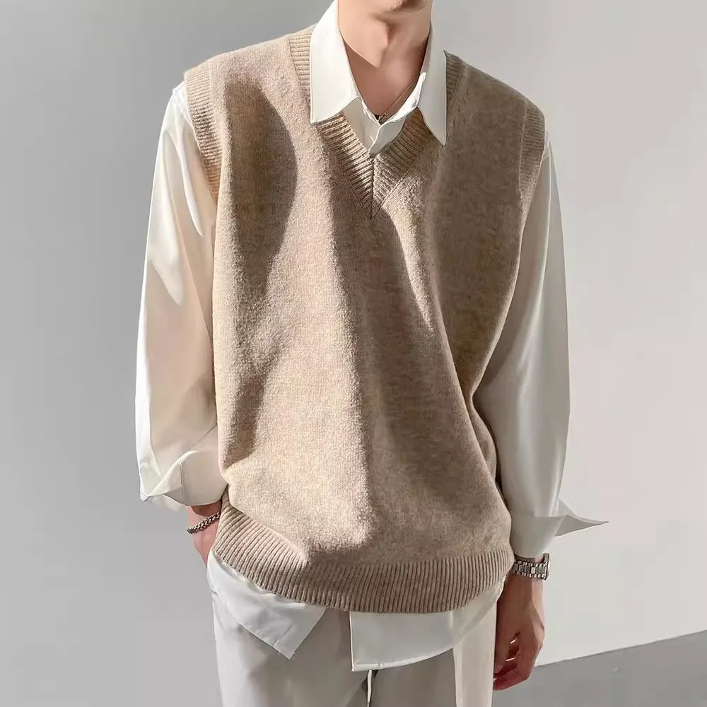 Fashionable All-match Knitted Tank Tops Men Trendy Sleeveless V Neck Sweaters Mens Vintage Solid Color Slim Knit Vest Pullovers