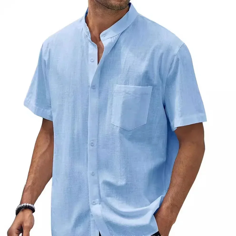 

Men's Summer Short Sleeved Shirt Button Up Vintage Beach Solid Color Top for Men