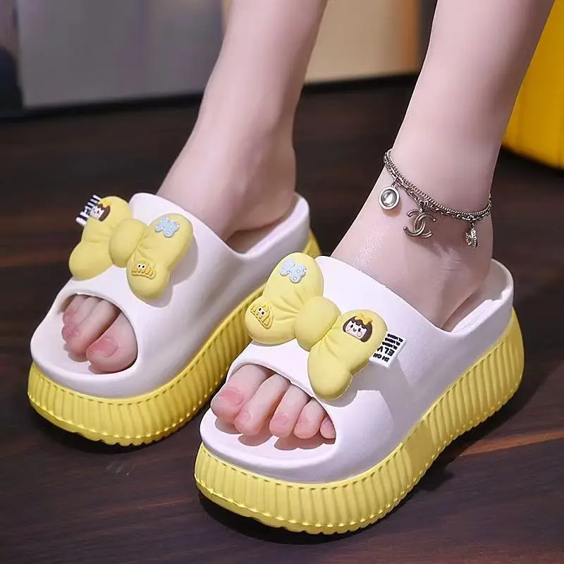 Women Slippers Green Thick Platform Non-Slip Home Bow Flip Flops 2024 Summer Beach Sandals Ladies Slides Indoor Shoes