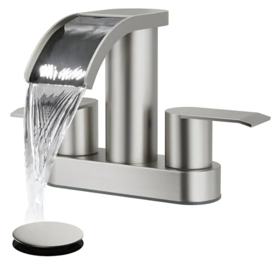 

4 Inch Centerset Waterfall Bathroom Sink Faucet Deck Mount 2 Handle Basin Faucets 2 or 3 Hole with Pop Up Drain Included Lavato