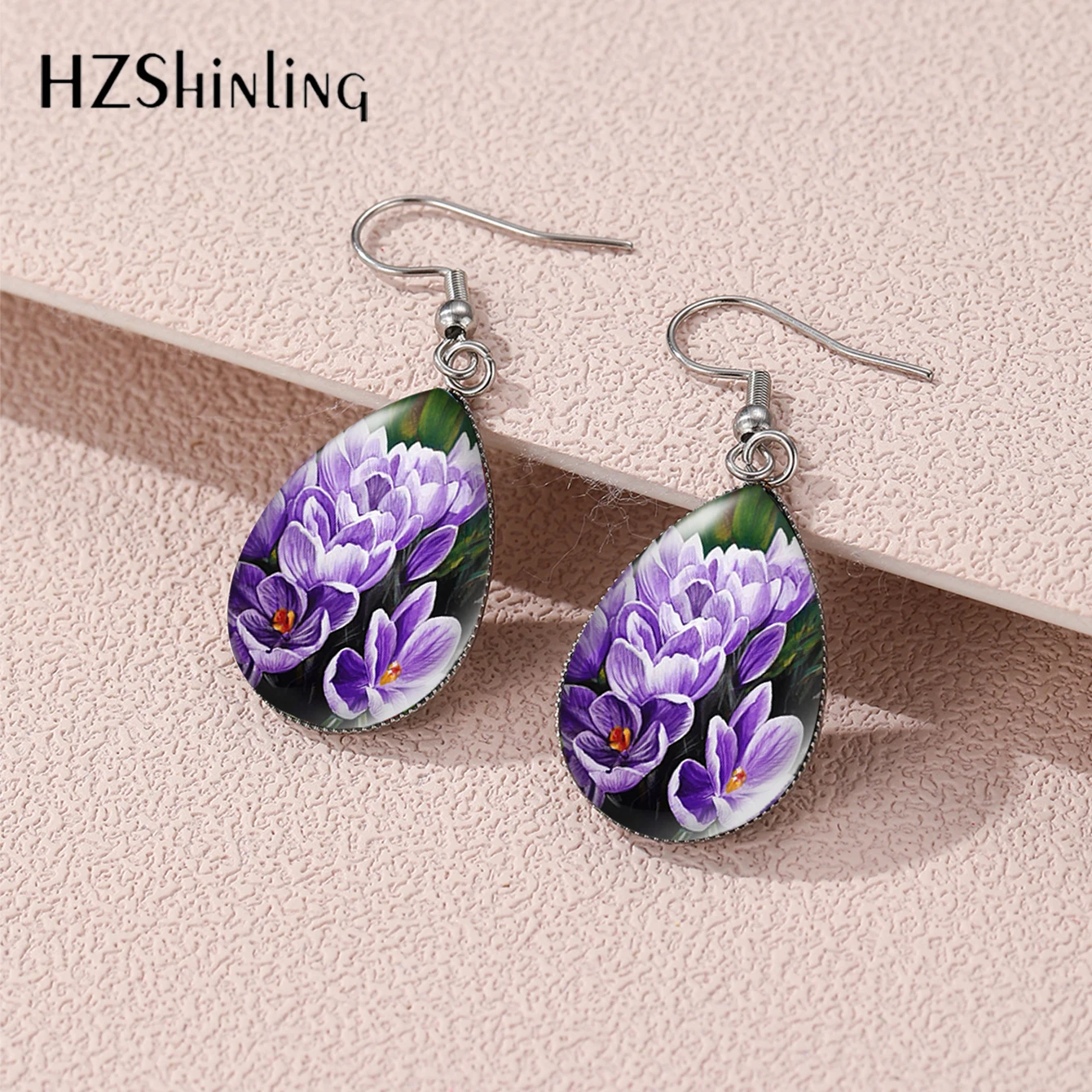 2024 New Fashion Purple Crocus Beautiful Flowers Botanic Tear Drop Fish Hook Earrings Handmade Stainless Steel Jewelry Earrings image 3