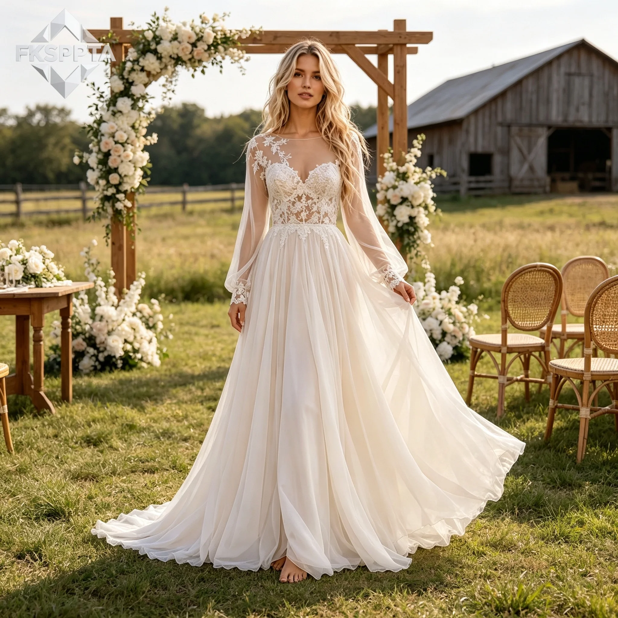 Boho Rustic Farm Wedding Dress Illusion Neck Puff Long Sleeve Lace Appliques Chiffon A‑Line Bridal Gown Vestido De Noiva
