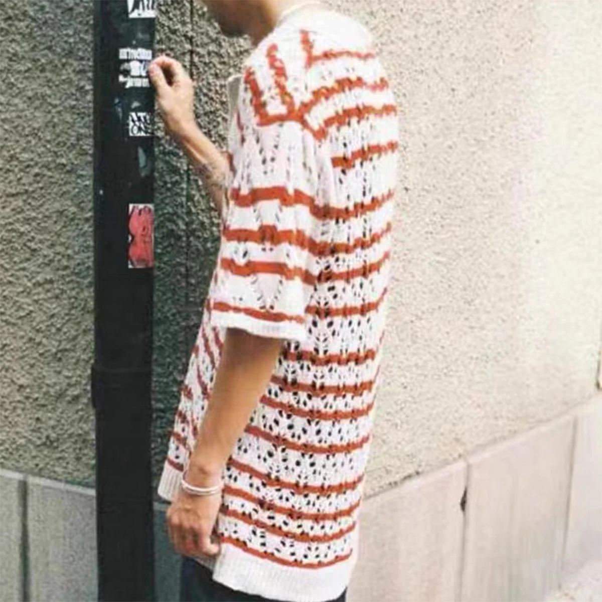 

NIGO Men's Red And White Knitted Striped T-shirt Fashion Casual Medium-length Knitted Tops #NGTOP11991