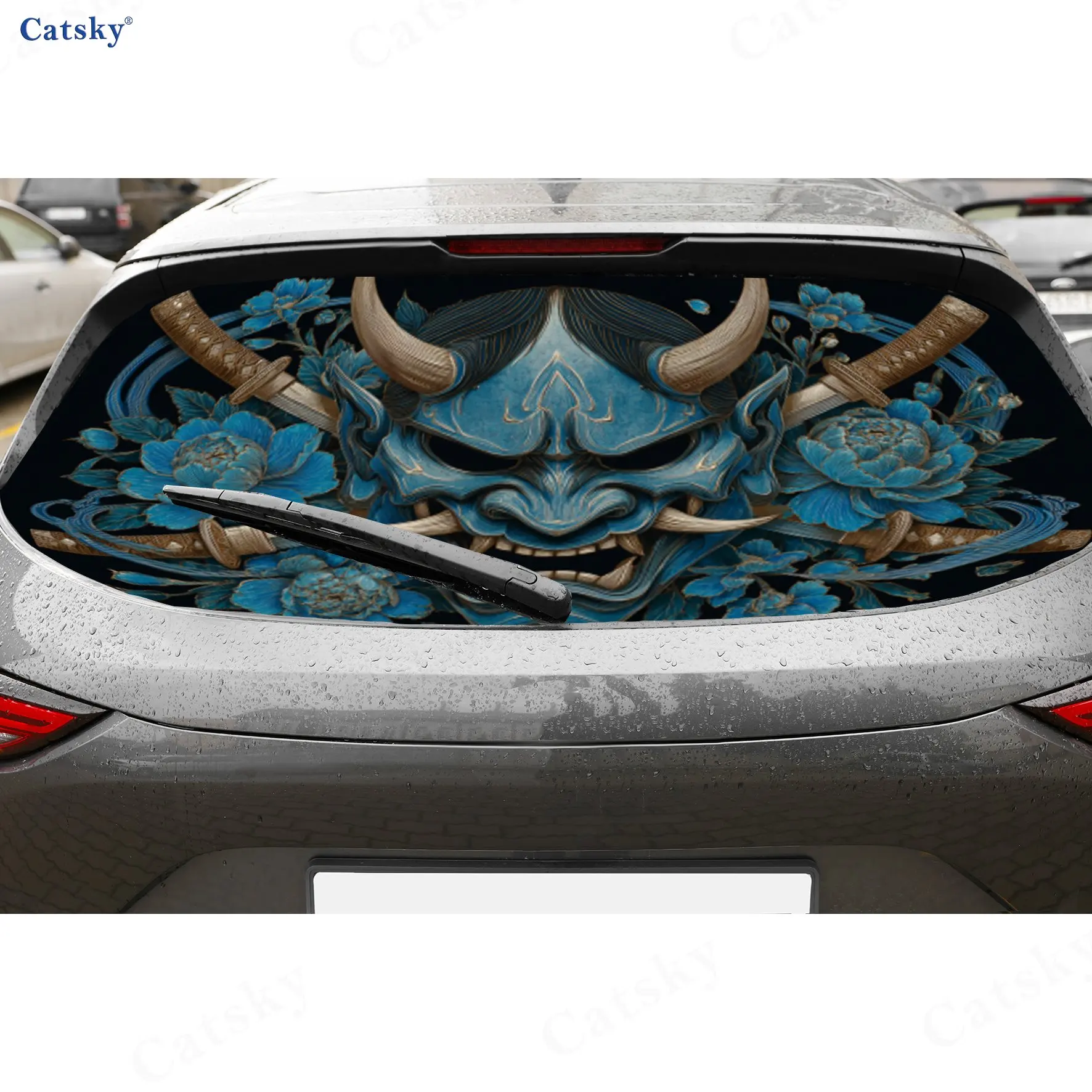 Hardcore Hannya Totem Perforated Car Vinyl Wraps, Durable Car Rear Windshield Sticker, Waterproof Car Rear Window Decal