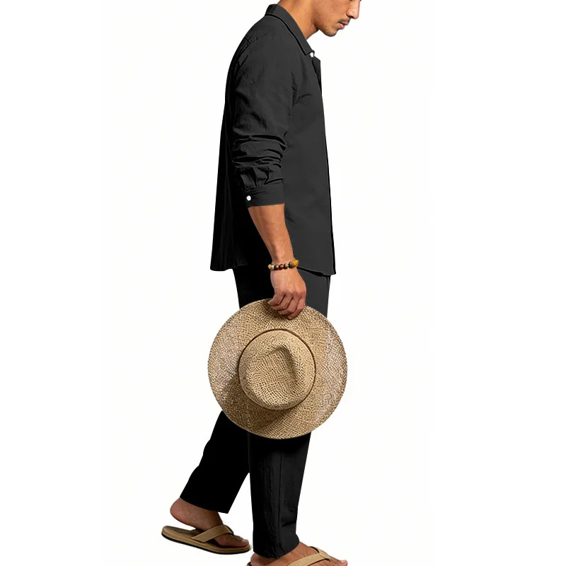 Europäisch-Amerikanisches Herren-Leinen-Freizeitset: Hemd mit Umlegekragen und Hose mit hohem Bund und Gürtel – Locker, atmungsaktiv, für Urlaub und Strand – Detail 21