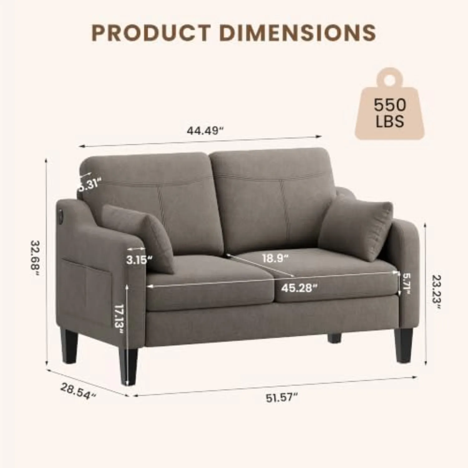 51'' Small Loveseat Sofa, 2-Seater Linen Fabric Couch for Compact Spaces | USB and Type C Ports, Side Storage Pocket