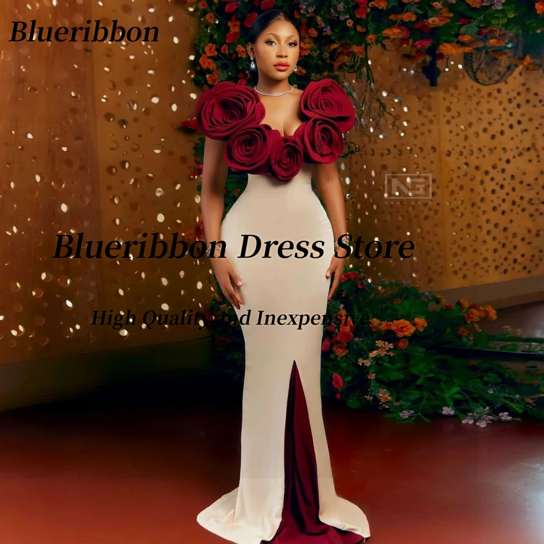 Blueribbon Unique Bespoke Prom Dresses Handmade Flowers Neckline Evening Dress Contrast Color Trumpet/Mermaid Party Gowns