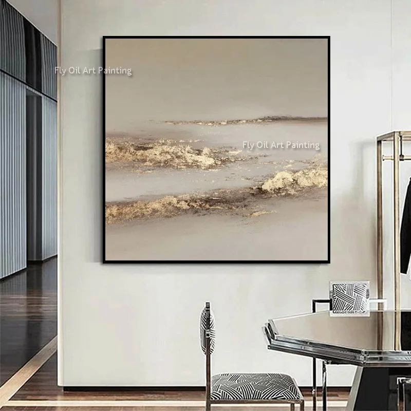 Hand Painted Beige Golden Wave Impasto Oil Painting, Gold Foil Sea Texture Canvas Art, Minimal Luxury Entrance Wall Decor