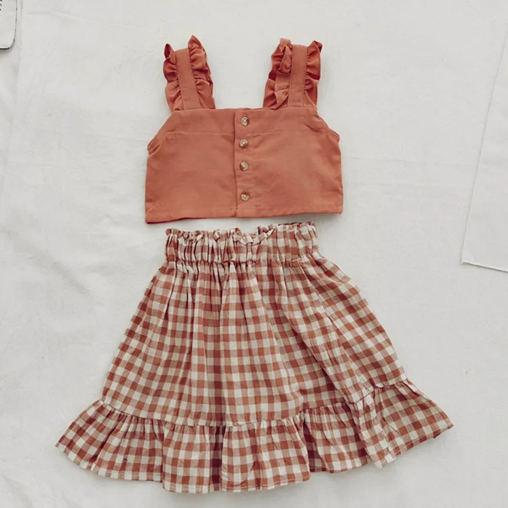 Bear Leader 2024 summer new girls clothing set halter vest + plaid skirt two-piece set kids clothes  girl clothes