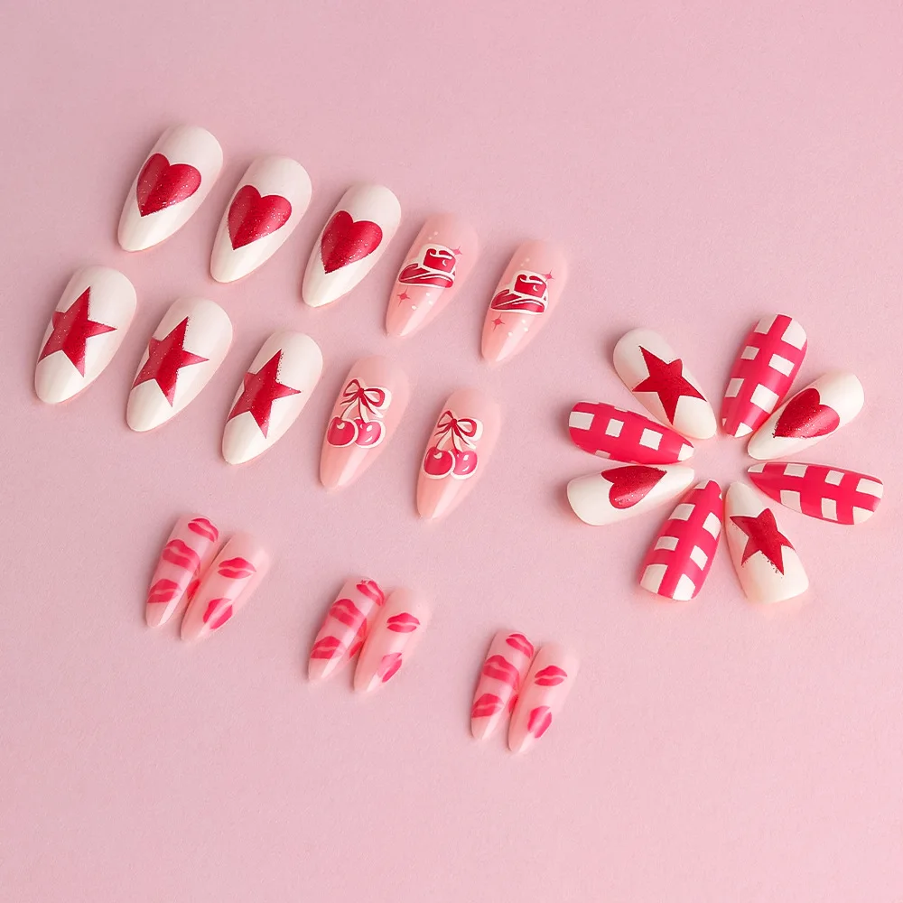 24 قطعة عيد الحب وهمية مسمار نصائح الأحمر القلب ستار الكرز طباعة اضغط على الأظافر يمكن ارتداؤها فتاة حلوة Ins اللوز الأظافر كاذبة #4