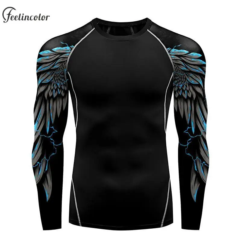 Eagle Wings Compression T-Shirts for Men Gym Fitness Workout Tops Long Sleeves Quick Dry Black Shirts Male Outdoor Sport Clothes