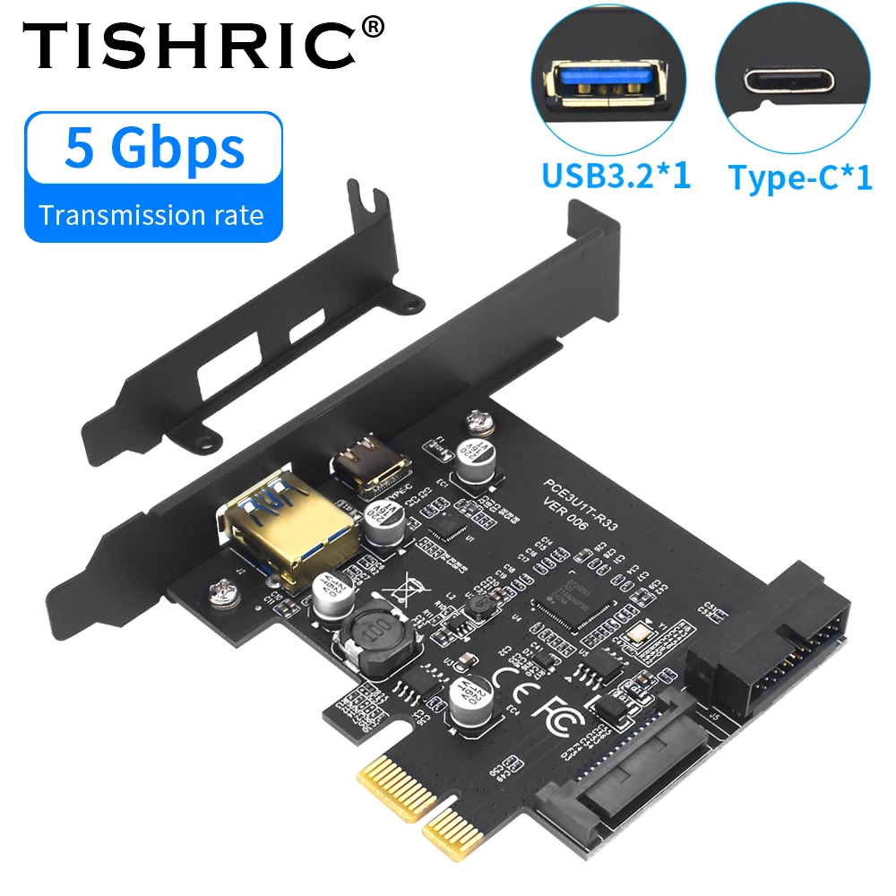 TISHRIC PCIE 3.0 1X To USB 3.2 Gen 1 Type-C Extension Card 10Gbps Type C Port Front Type E Riser Card Adapter Add On Cards