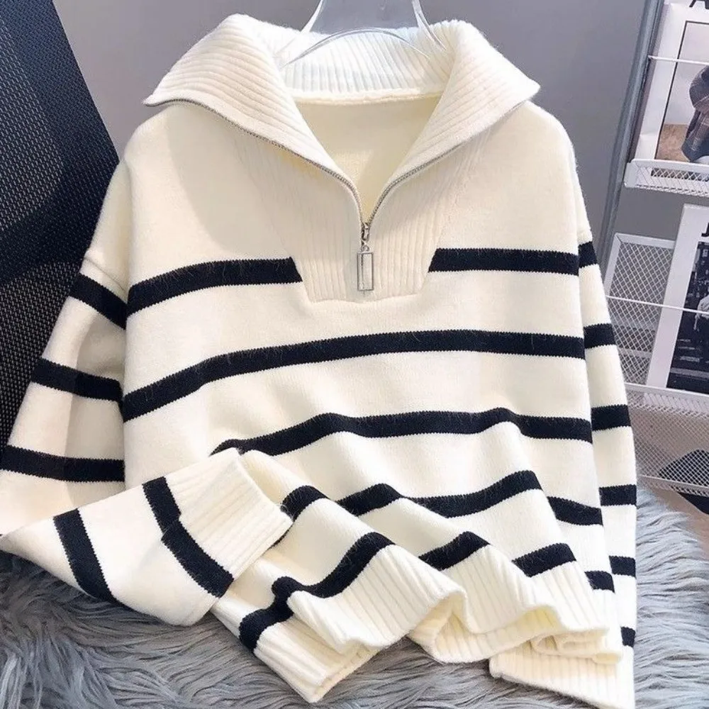 Short Length Striped Sweater Thick Knit Half Zip Design Half Zip Pullover Ribbed Collar Striped Pattern Casual Inner Wear
