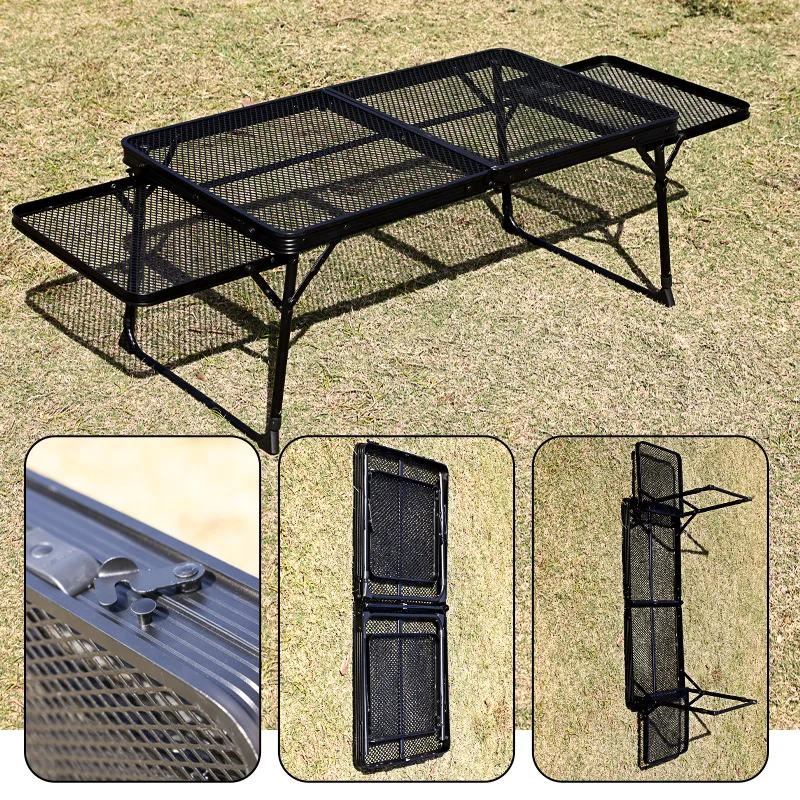 2026 hot sell Outdoor iron mesh folding table, self-driving portable camping can be lifted and extended folding table