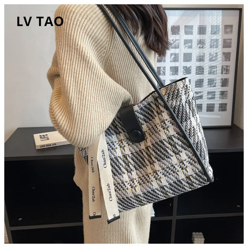 Women Canvas Classic Retro Shoulder Bag Check Ladies Casual Handbag Tote Bag Reusable Large Capacity Cotton Plaid Fashion Bag