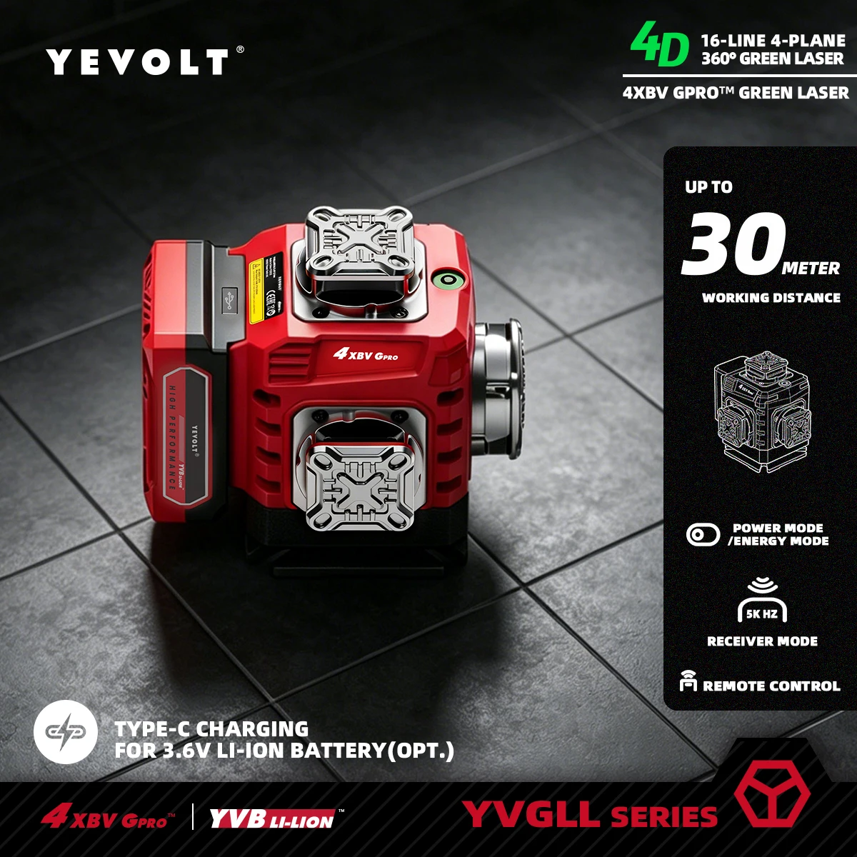 Niveau Laser Vert Précis 16 Faisceaux, Plans 4×360°, Auto-ajustement par gravité, Fonction de pente, Étanchéité IP54, Alimentation Type-C, Télécommande sans fil pour travaux et pose de carreaux