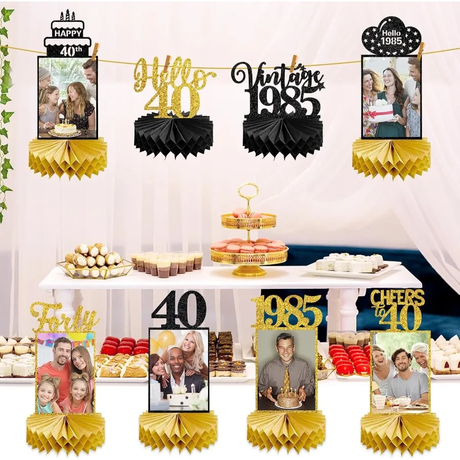 8 peças decorações de 40o aniversário peças centrais de favo de mel para mulheres homens preto ouro vintage 1985 40o aniversário foto peças centrais de mesa