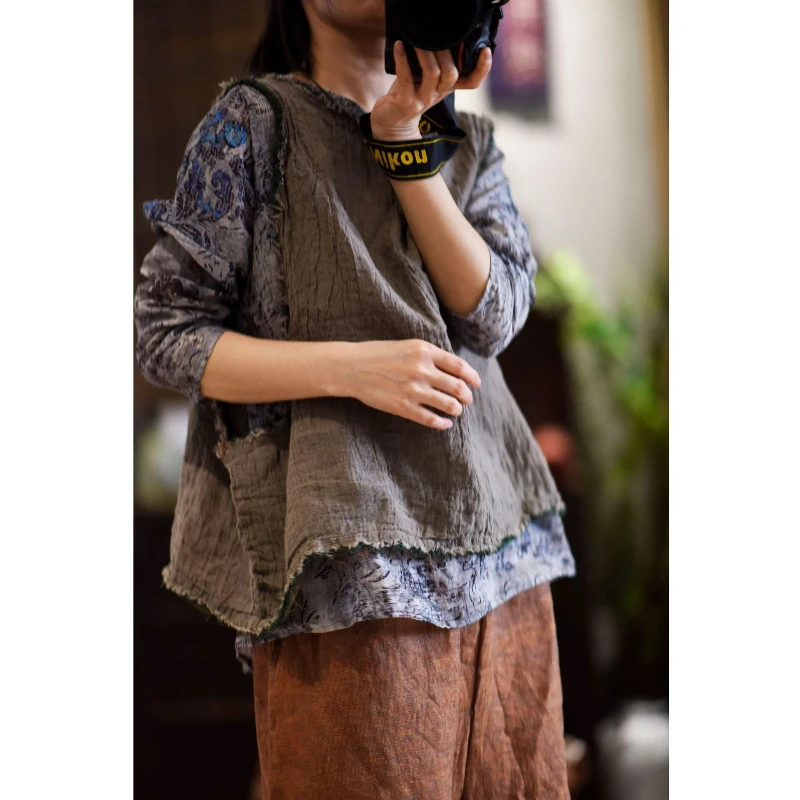 Autumn Women New Arts Style Sleeveless O Neck Pullover 2025 Loose Vests Coat Vintage Design Fringed Cotton Linen Waistcoat