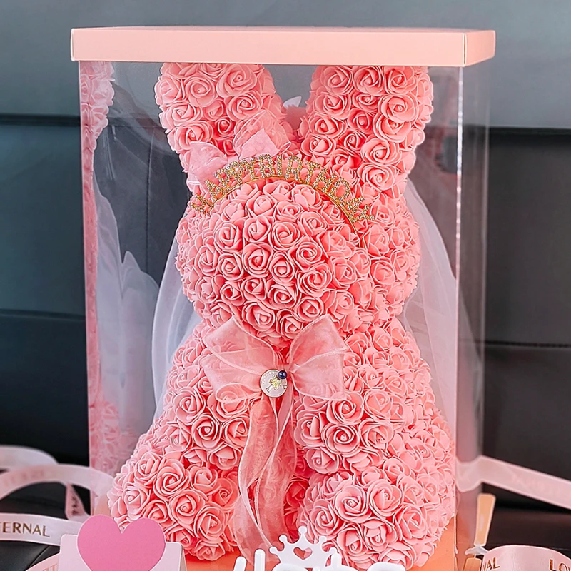 

Pink Bunny Figurine Simulation Rose Flower Gift Box Wedding Valentine's Day Gift Girl Bedroom Decoration Delicate Bow Accessory