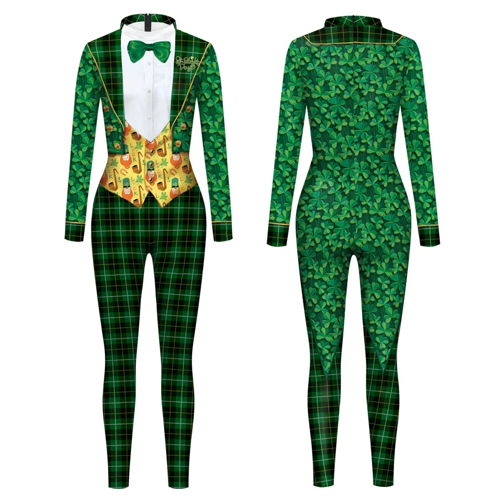 St. Patrick's Day Herren-Overall, grüner Party-Body, Kleeblatt-Muster, dünner Catsuit, 3D-Druck, Festival, Zentai-Anzug, Erwachsenen-Outfit