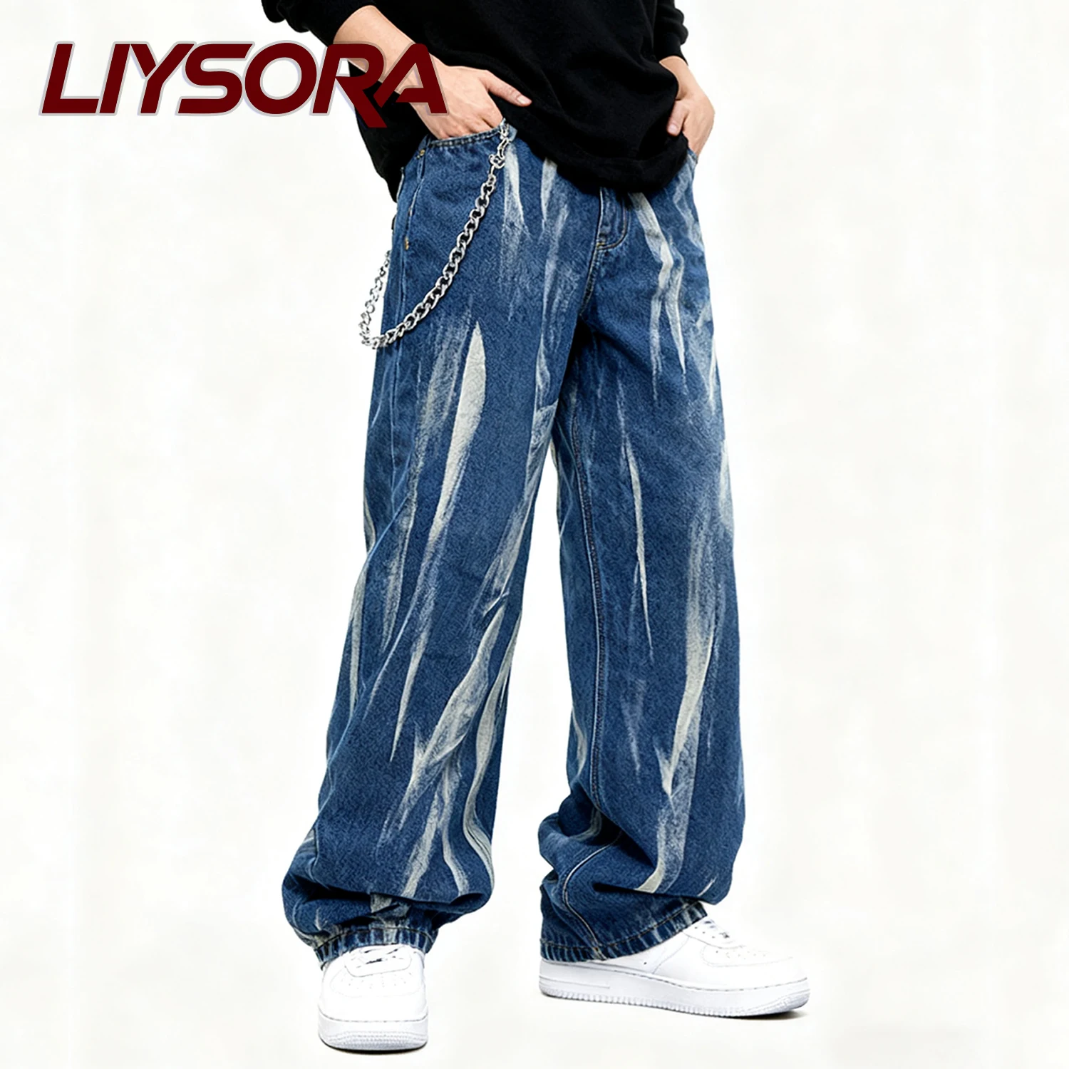 أربعة مواسم الرجال فضفاض مستقيم واسعة الساق الجينز تصميم شخصي التعادل صبغ الدنيم السراويل فضفاض للجنسين اليومية جينز غير رسمي الملابس #5