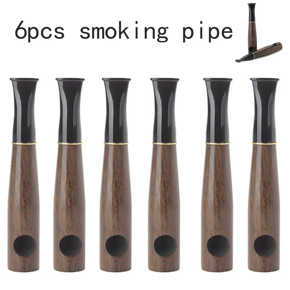 6pcs Ebony dark Straight Wood Pipe Vintage Smoking Handmade Tobacco Pipe  Smoking Accessory 9mm Filter  with cleaning kit