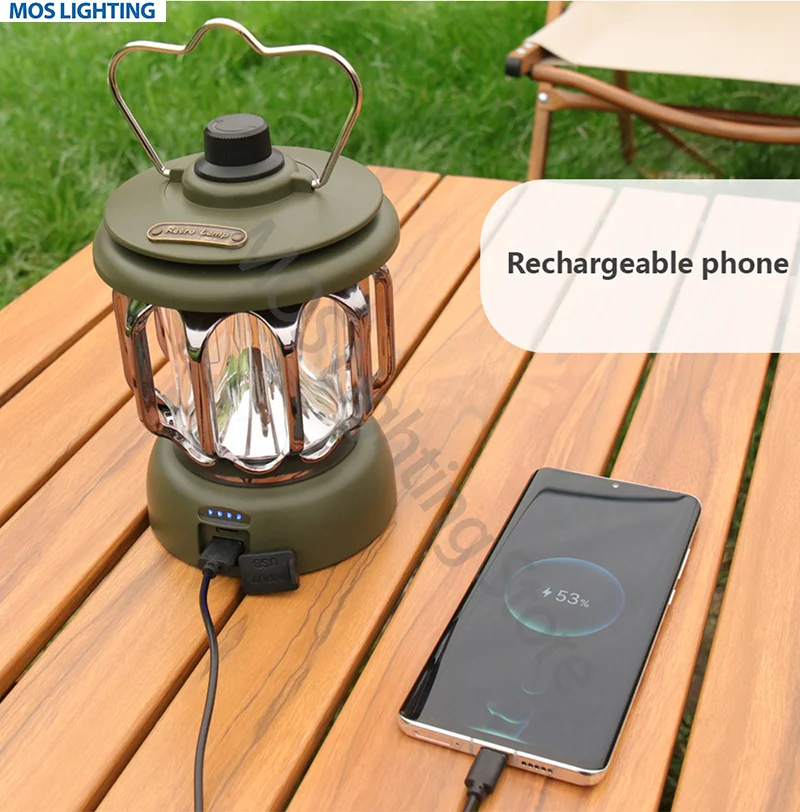 Retro Portable Camping Tent Lantern Rechargeable Light Decorative Hanging  Lamp Vintage 3-Lighting-Modes Tamp For Outdoor Hiking