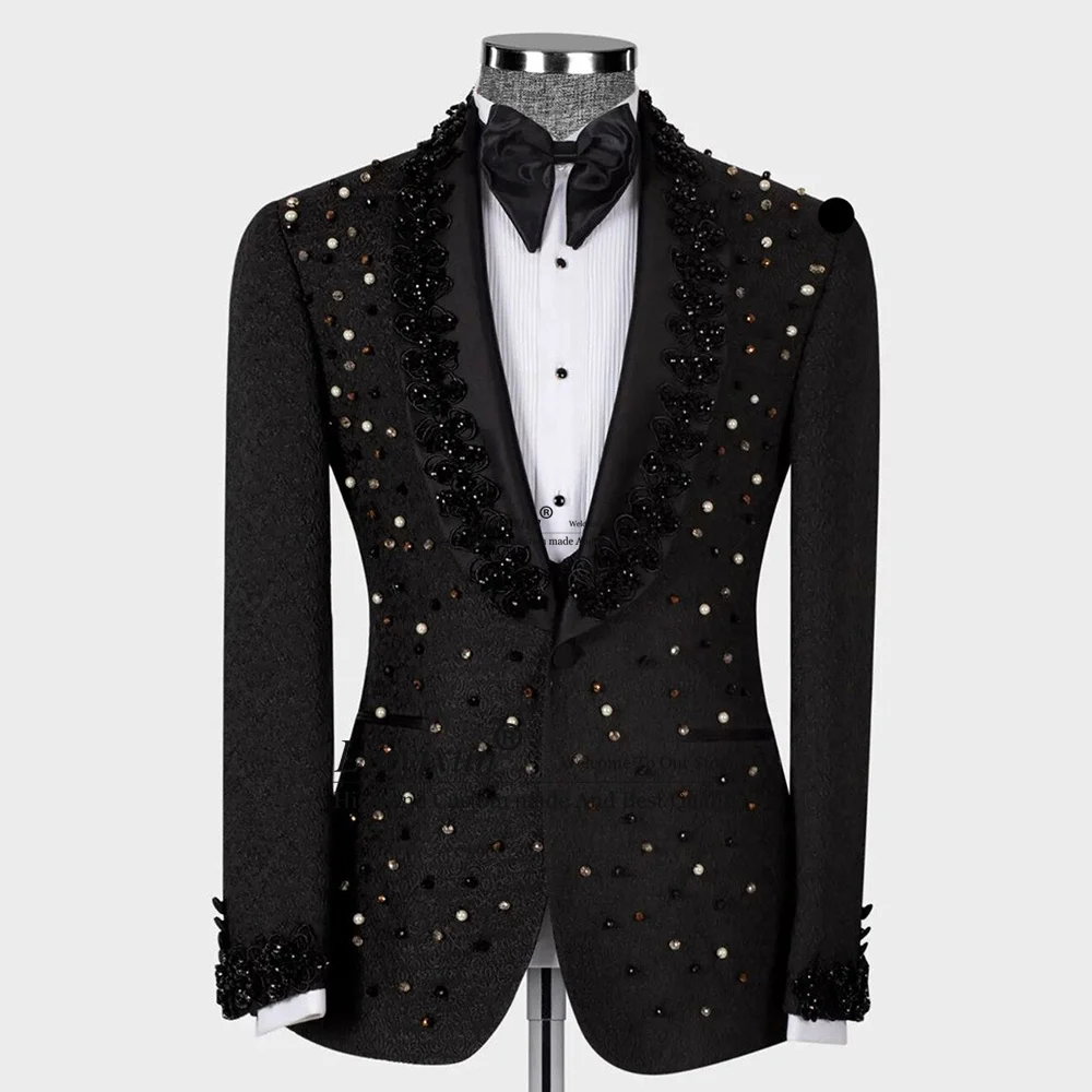 

Elegant Metallic Jacquard Men Suits Wedding Party Groom Tuxedos Dresswear 3 Pieces Bridegroom Blazers Male Bespoke Jacket