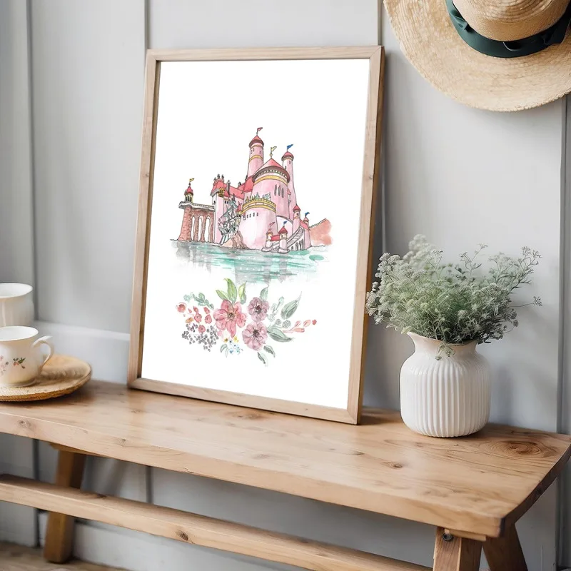 Watercolor Princess Castle Posters and Prints Canvas Painting Palace Wall Art Pictures for Baby Girl Room Nursery Deocr Cuadros