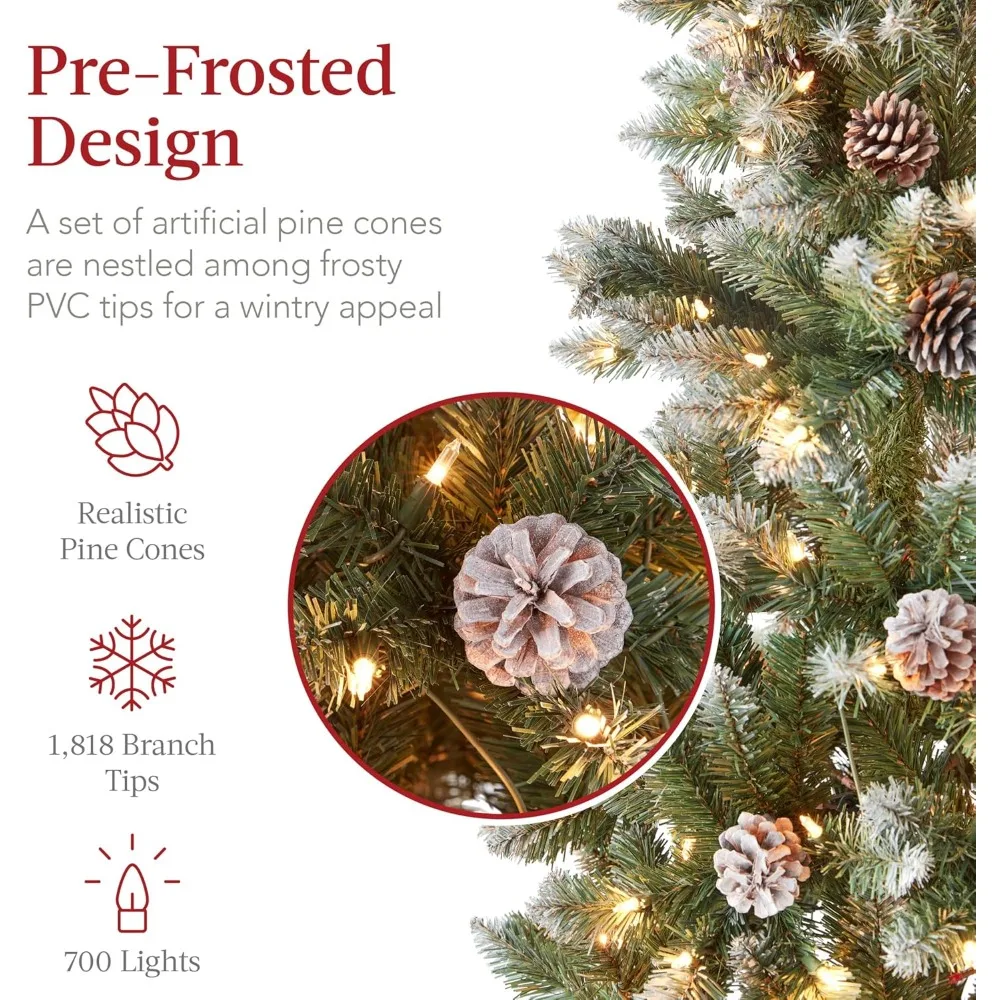 12ft Partially Flocked & Frosted Slim Holiday Tree Decoration, Skinny Xmas Tree, 700 Lights, 1,818 Frosted Tips, 128 Pine Cones